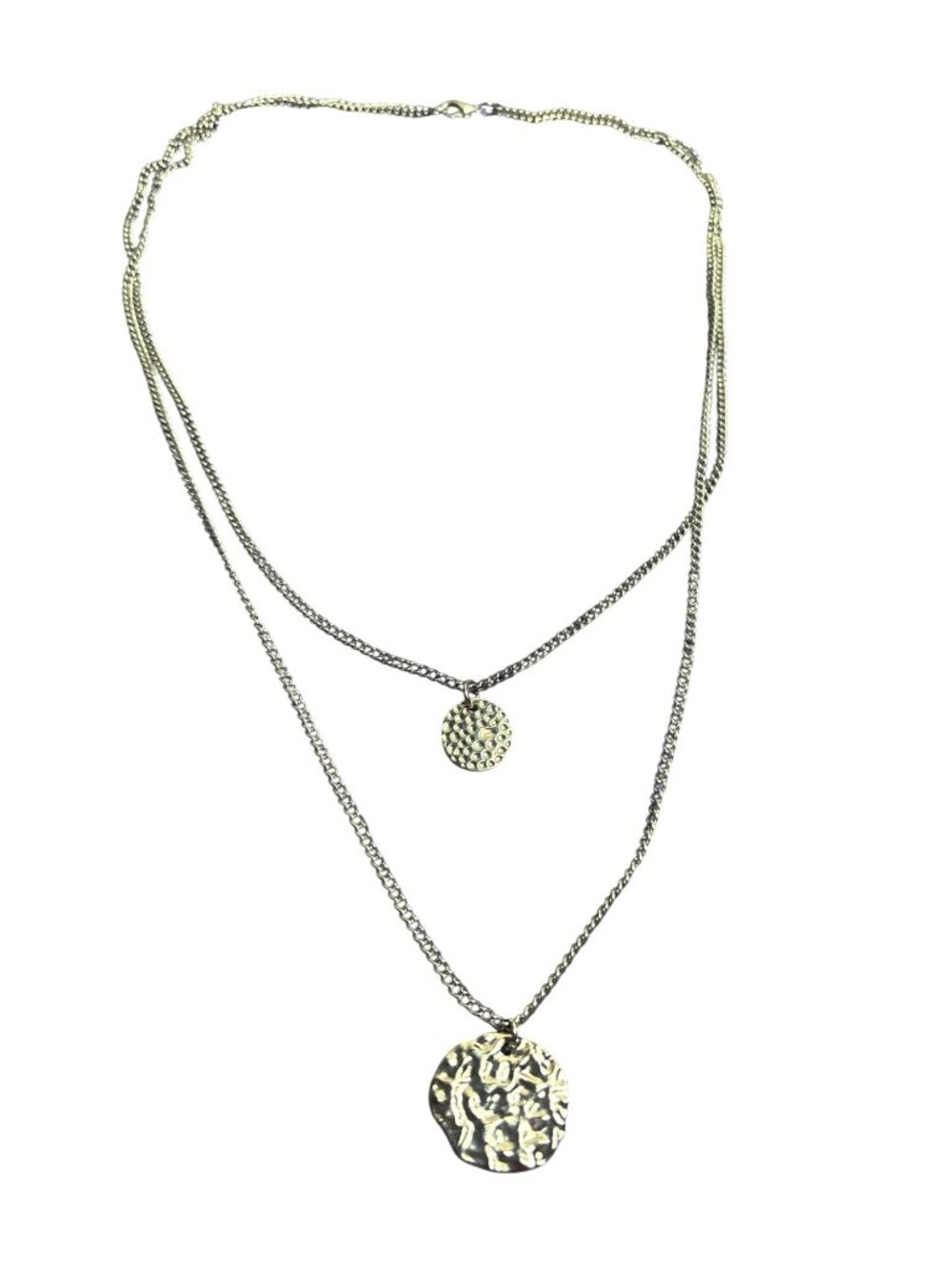 2 Strand Silvertone Necklace Hammered Circle Pendants